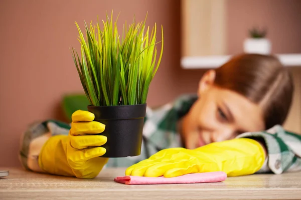 An employee of a cleaning company cleans the office and takes care of the plants — Stock Photo, Image