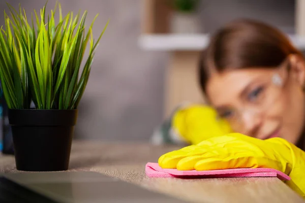 An employee of a cleaning company cleans the office and takes care of the plants — Stock Photo, Image