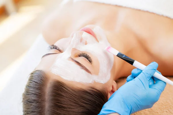 Master and client in a beauty salon, a mask made of white clay for facial skin care