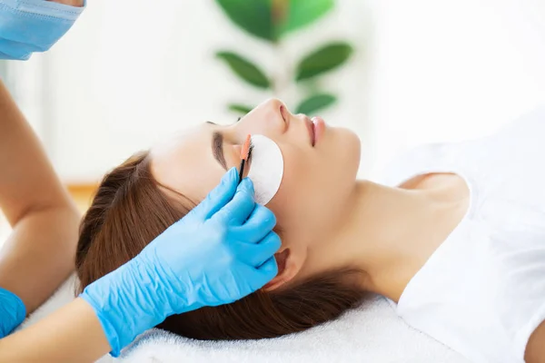 Procédure d'extension des cils, styliste professionnel allongeant les cils féminins. — Photo