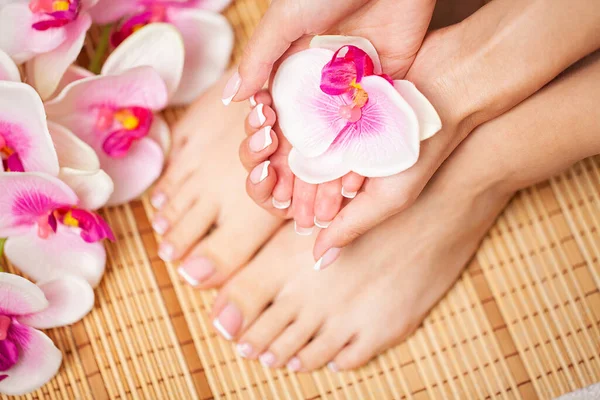 Obraz kobiecych nóg i rąk po pedicure i manicure — Zdjęcie stockowe