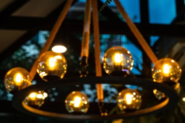 Defocused Rope Light - Barn Beam Pendant - Wood Ceiling Chandelier - Accent Hanging Lighting Rustic Edison Bulb