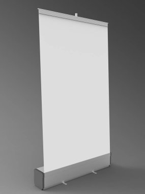 ROLLUP Banner 3d işleme bir profesyonel Rollup Banner Render bir 120 x 200 cm stand bir 3d modeli ile oluşturulan bir stüdyo arka planda olduğu.