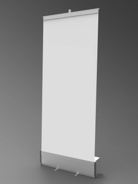 ROLLUP Banner 3d işleme bir profesyonel Rollup Banner Render bir 85 x 200 cm stand bir 3d modeli ile oluşturulan bir stüdyo arka planda olduğu.