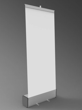ROLLUP Banner 3d işleme bir profesyonel Rollup Banner Render bir 85 x 200 cm stand bir 3d modeli ile oluşturulan bir stüdyo arka planda olduğu.