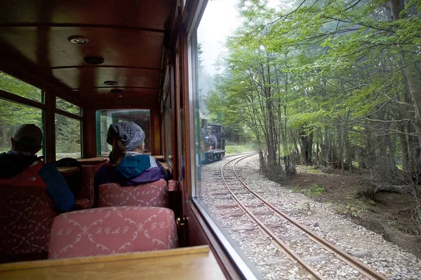 南フエゴ鉄道に沿って列車 またはティエラ フエゴ アルゼンチンで世界の終わりの列車の観光客 それはもともと木材を輸送するために具体的には ウシュアイアの刑務所を提供する貨物線として建設されました それは今として動作 — ストック写真