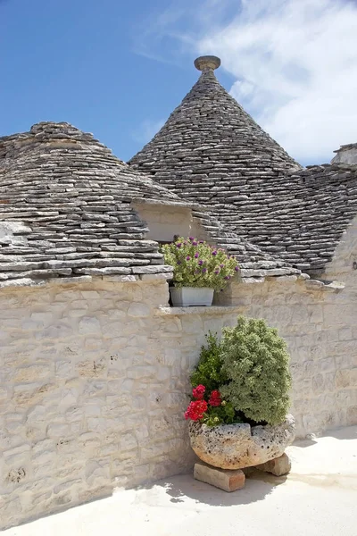 イタリア プーリア州のAlberobelloの通りに沿ってTrulli アルベロベッロ Alberobello イタリア南部の小さな町 トロロは円錐形の屋根を持つ伝統的なプーリア乾燥した石造りの小屋です — ストック写真