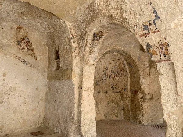 Grottkyrkan Vid Sassi Matera Matera Italien Sassi Matera Två Distrikt — Stockfoto