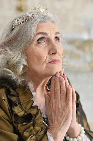 Beautiful Senior Woman Queen Indoors — Stock Photo, Image