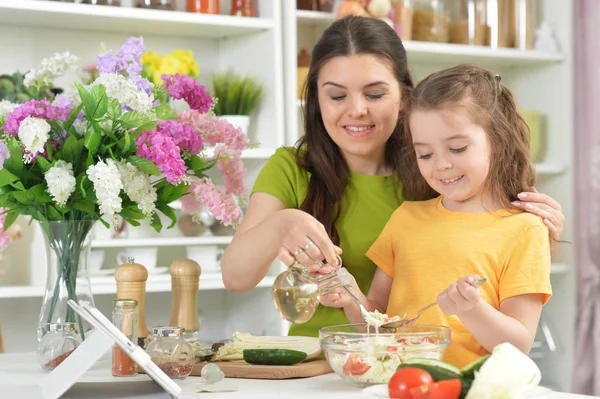 Cute Little Girl Her Mother Cooking Together Kitchen Table Tablet — Stock Photo, Image