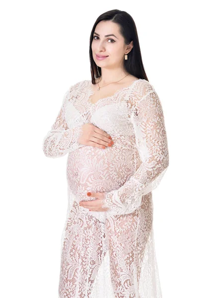 Hermosa Mujer Embarazada Posando Aislada Sobre Fondo Blanco —  Fotos de Stock