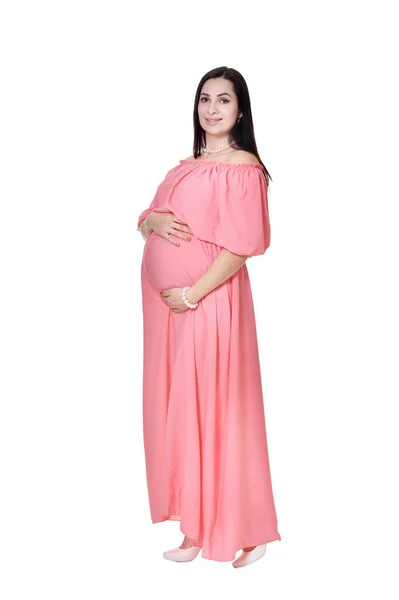 Krásná Těhotná Žena Představuje Izolované Bílém Pozadí — Stock fotografie