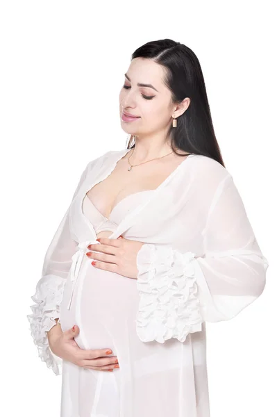 美丽的怀孕妇女摆在白色背景上被隔离 — 图库照片