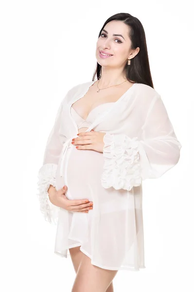Zole Üzerinde Beyaz Arka Plan Poz Güzel Hamile Kadın — Stok fotoğraf