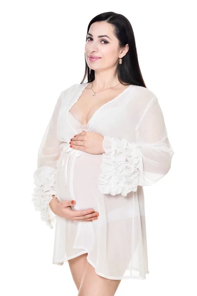 Zole Üzerinde Beyaz Arka Plan Poz Güzel Hamile Kadın — Stok fotoğraf