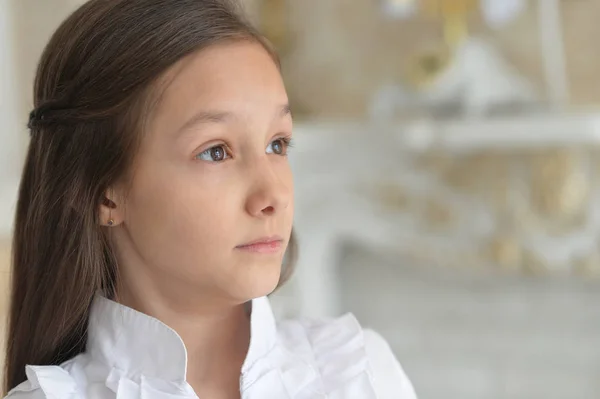 Emotional Little Girl White Blouse Posing Home — Stock Photo, Image