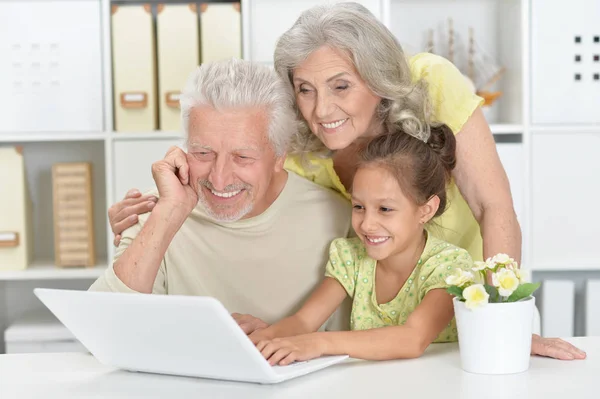 Avós Com Sua Neta Usando Laptop Casa — Fotografia de Stock