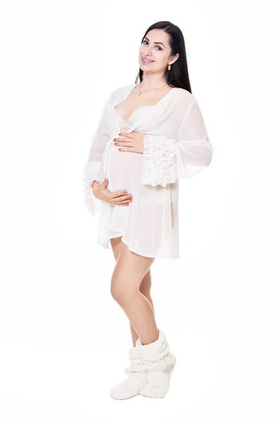 Krásná Těhotná Žena Představuje Izolované Bílém Pozadí — Stock fotografie