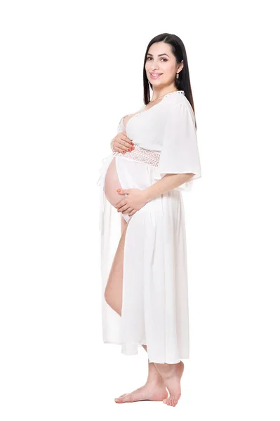 Piękna Kobieta Ciąży Białym Tle Białym Tle Pozowanie — Zdjęcie stockowe