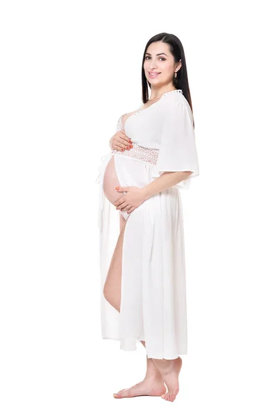 Belle Femme Enceinte Posant Isolée Sur Fond Blanc — Photo