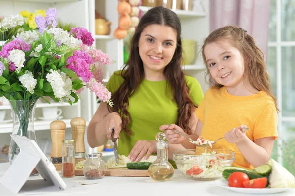 Cute Little Girl Her Mother Cooking Together Kitchen Table Tablet — Stock Photo, Image