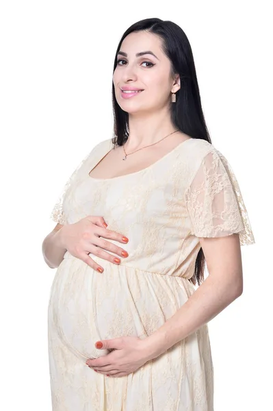 Hermosa Mujer Embarazada Posando Aislada Sobre Fondo Blanco — Foto de Stock