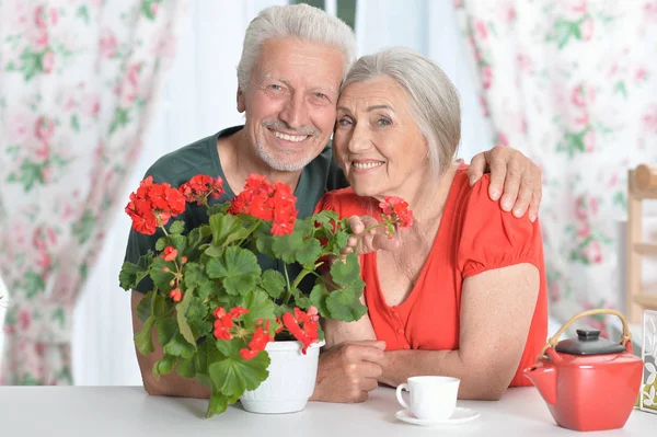 Gelukkige Senior Paar Thuis Met Het Drinken Van Thee — Stockfoto