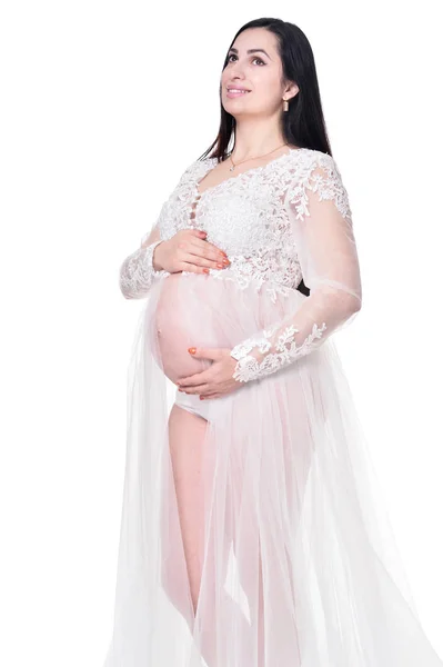 Mujer Embarazada Joven Posando Aislada Sobre Fondo Blanco — Foto de Stock
