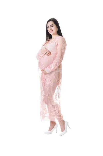 Heureuse Femme Enceinte Posant Isolé Sur Fond Blanc — Photo