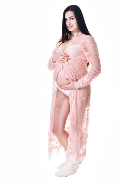 Glücklich Schwangere Frau Posiert Isoliert Auf Weißem Hintergrund — Stockfoto