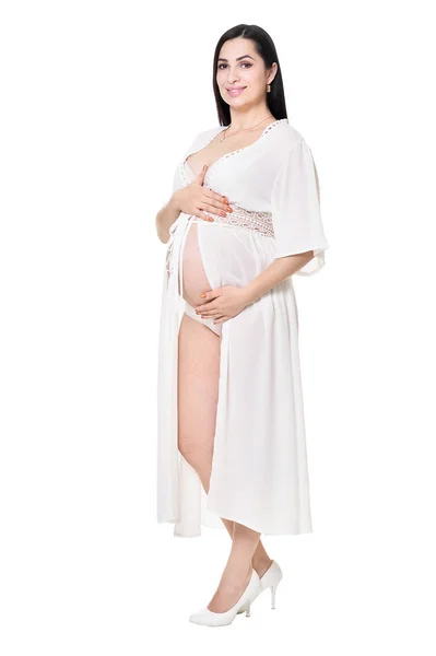 Молодая Беременная Женщина Позирует Белом Фоне — стоковое фото