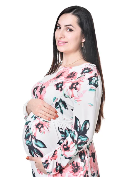 Mooie Zwangere Vrouw Jurk Poseren Geïsoleerd Witte Achtergrond — Stockfoto