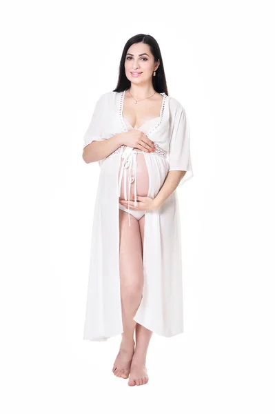 Young Έγκυος Γυναίκα Που Παρουσιάζουν Απομονώνονται Λευκό Φόντο — Φωτογραφία Αρχείου