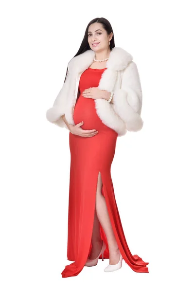 Mujer Embarazada Vestido Rojo Posando Aislada Sobre Fondo Blanco —  Fotos de Stock