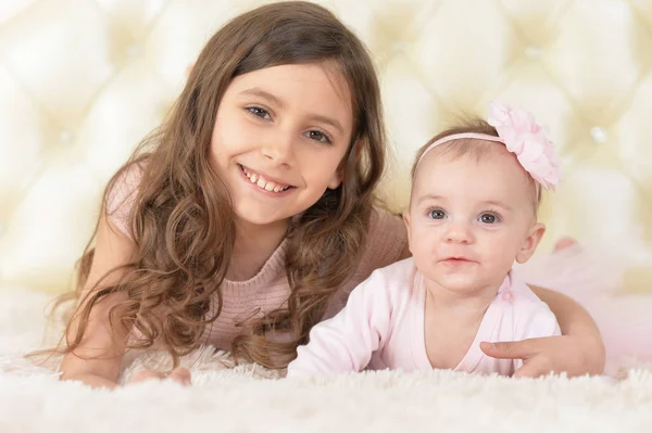 Two Beautiful Cute Sisters Home — Stock Photo, Image