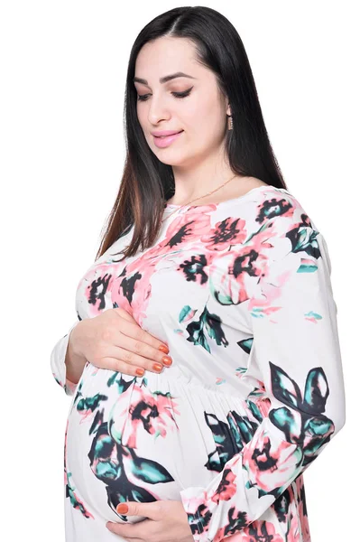 Belle Femme Enceinte Robe Posant Isolé Sur Fond Blanc — Photo