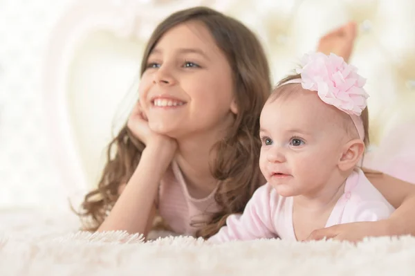 Two Beautiful Cute Sisters Home — Stock Photo, Image