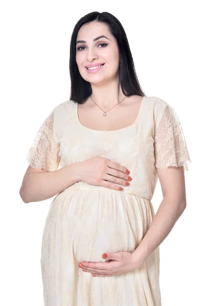 Ung Gravid Kvinna Poserar Isolerad Vit Bakgrund — Stockfoto