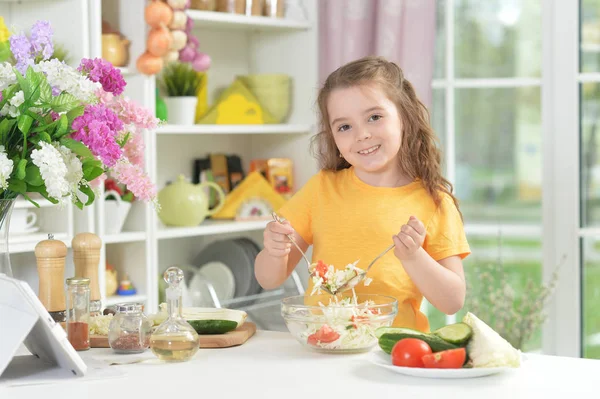 Funny Little Girl Cooking Kitchen Home — Stock Photo, Image