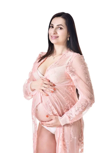 Šťastný Těhotná Žena Představuje Izolované Bílém Pozadí — Stock fotografie