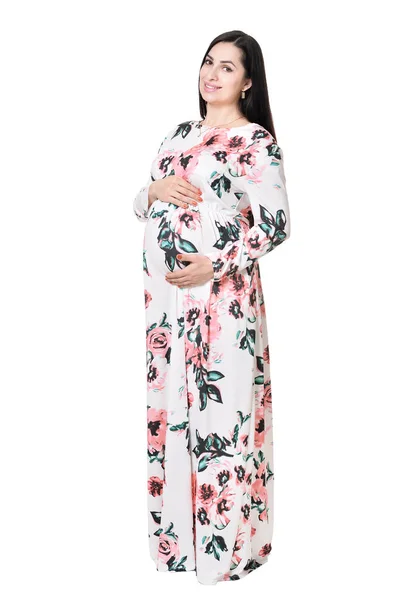 ドレスは 白い背景で隔離ポージングで美しい妊婦 — ストック写真