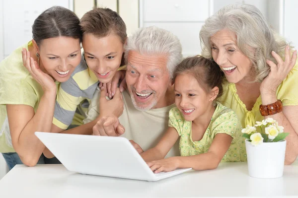 Abuelos Con Hija Adulta Nietos Usando Portátil Juntos Casa — Foto de Stock