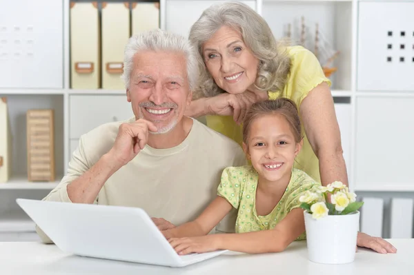 Mor Och Farföräldrar Med Dotterdottern Använder Laptop Hemma — Stockfoto