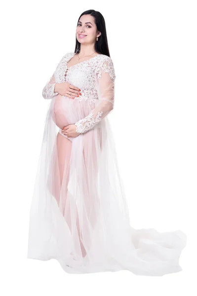 Молодая Беременная Женщина Позирует Белом Фоне — стоковое фото