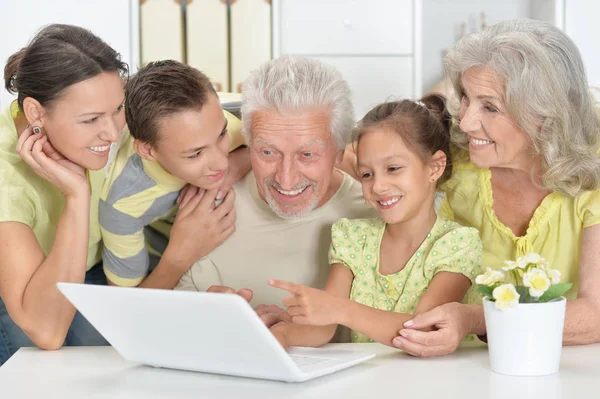 Avós Com Filha Adulta Netos Usando Laptop Juntos Casa — Fotografia de Stock