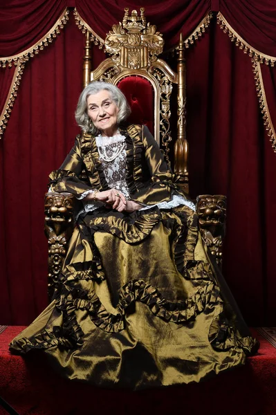 Beautiful Senior Woman Queen Throne — Stock Photo, Image