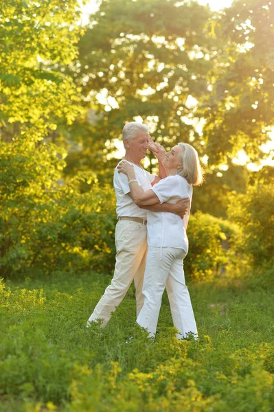 Красивая Пожилая Пара Танцует Зеленой Траве Парке — стоковое фото