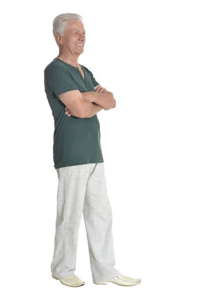 Full Length Portrait Senior Man Posing Isolated White Background — Stock Photo, Image