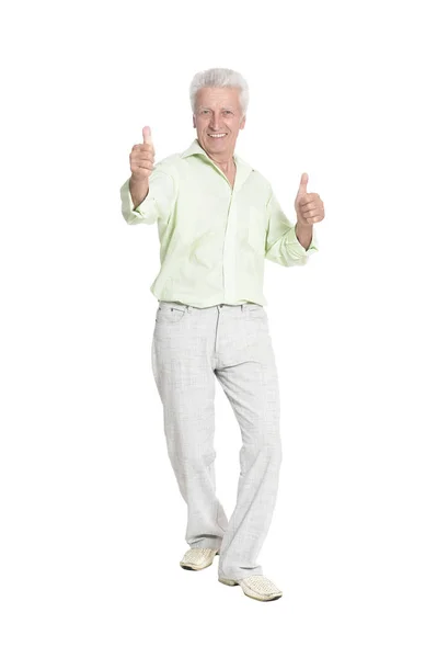 Älterer Mann Mit Hochgereckten Daumen Posiert Isoliert Auf Weißem Hintergrund — Stockfoto
