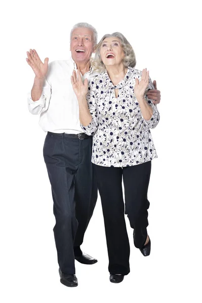 Portrait Surprised Senior Couple Posing Isolated White Background — Stock Photo, Image